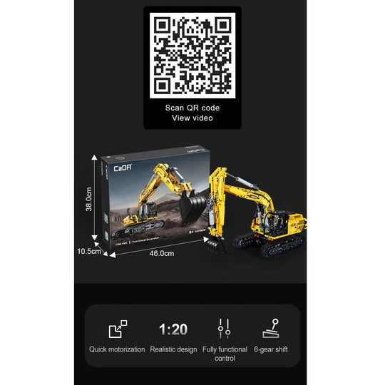 CaDA Full Function Excavator Construction Series (Non-Motorized) Brick Building Set 1,702 Pieces