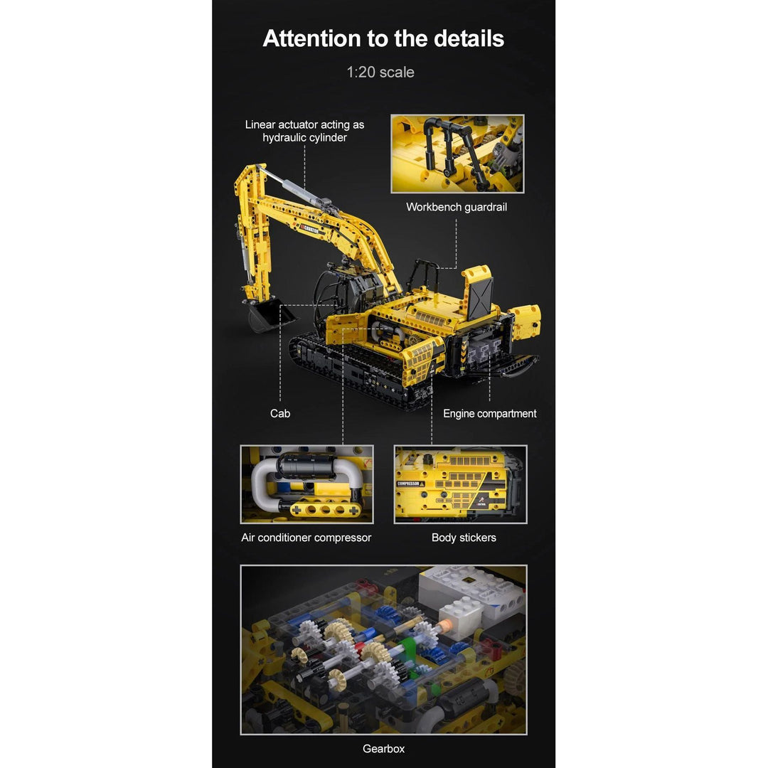 CaDA Full Function Excavator Construction Series (Non-Motorized) Brick Building Set 1,702 Pieces